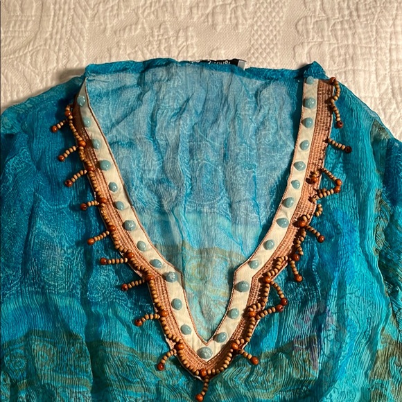 Blue Sheer Long Sleeve Dress. Coverup beach dress. - Picture 5 of 10